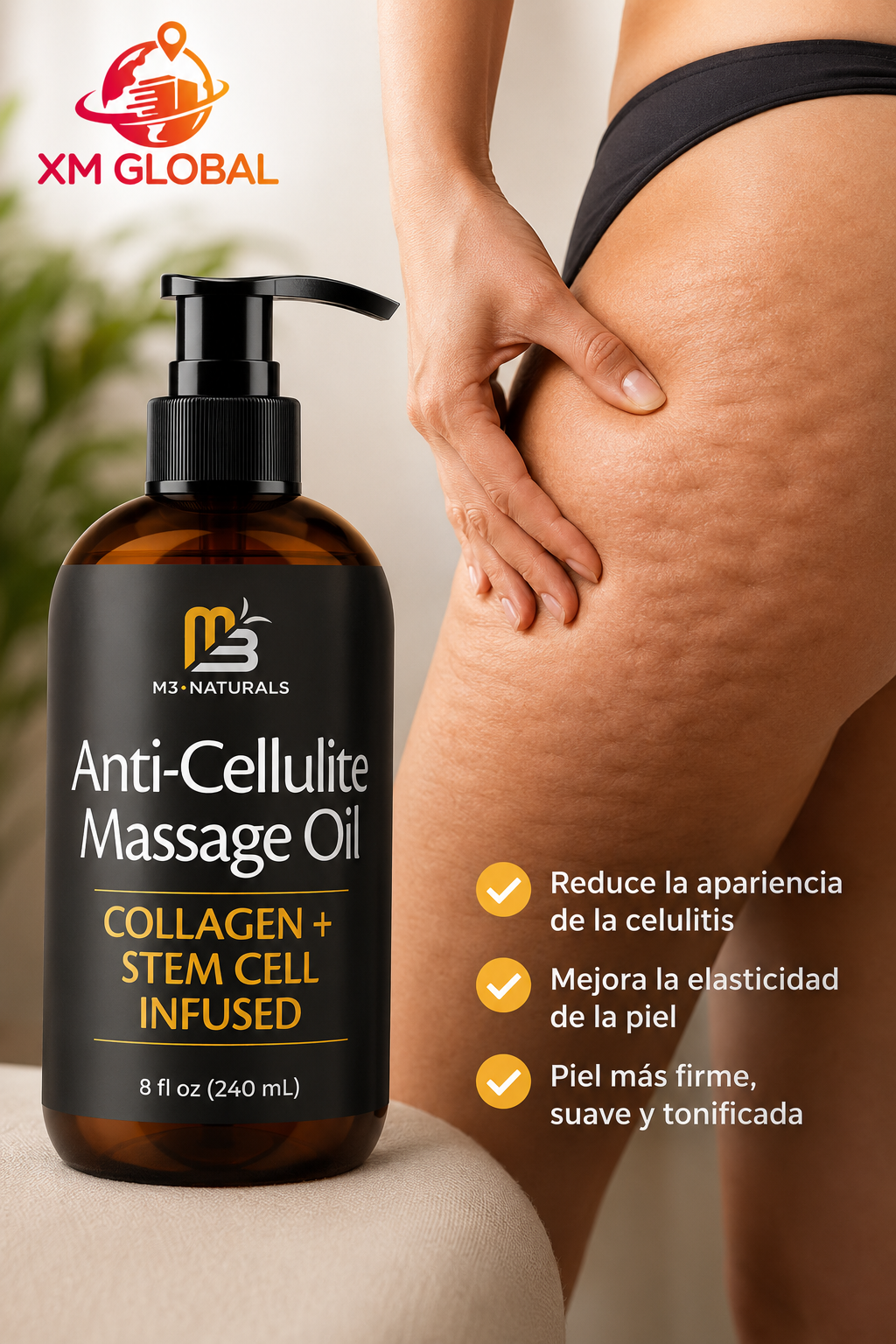 M3 Naturals aceite anticelulitis a base de collageno y celulas madres + Masajeador gratis