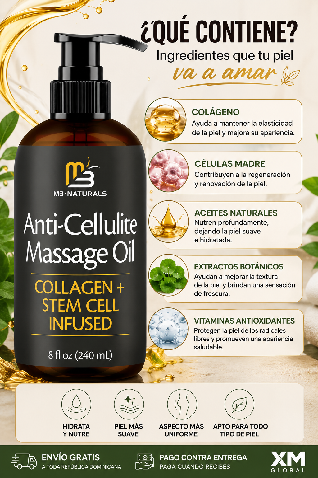 M3 Naturals aceite anticelulitis a base de collageno y celulas madres + Masajeador gratis